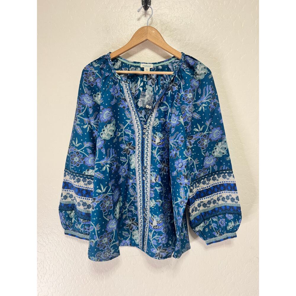bryn Walker Teal Floral Peasant Blouse